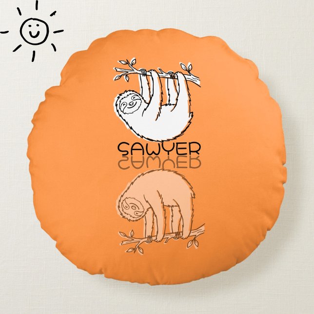 Cute Orange Sloth Reflection Doodle Custom Name Round Pillow (Creator Uploaded)