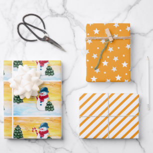 Cute Orange Snowman Christmas Tree Star Pattern Wrapping Paper Sheets