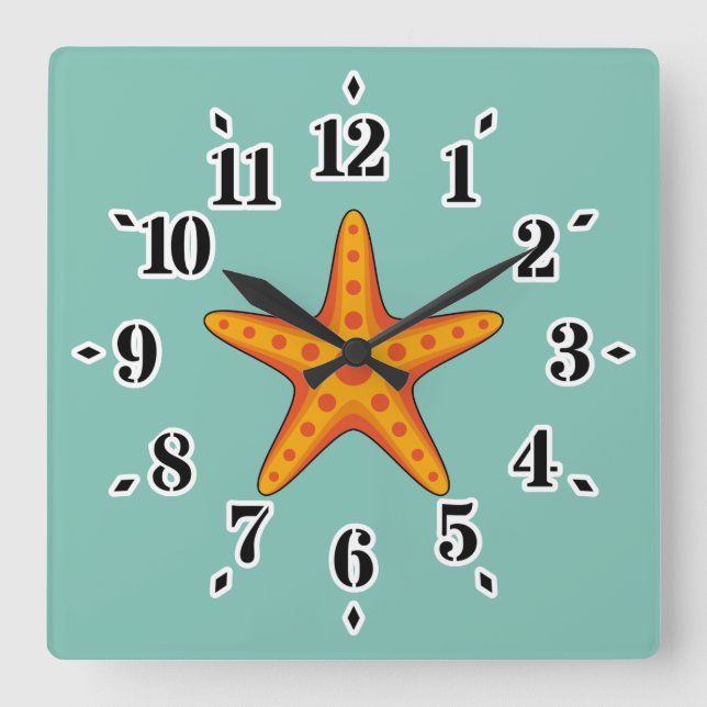 Cute Orange Starfish Cartoon Square Wall Clock (Front)