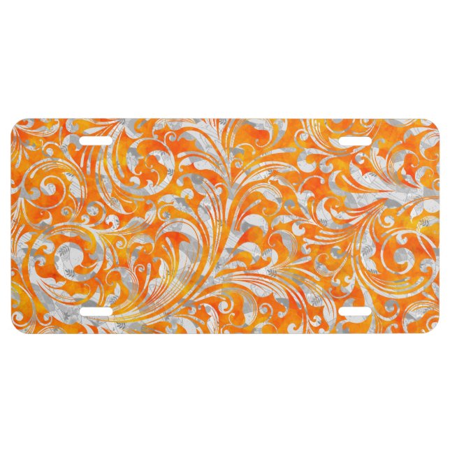 Cute orange swirl floral design license plate (Front)