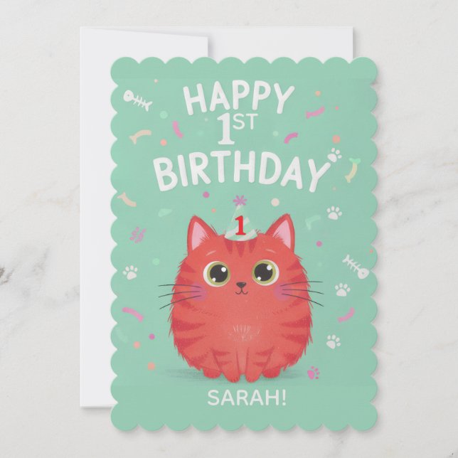 Cute Orange Tabby Cat 1st Birthday | Customizable  Invitation (Front)