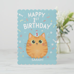 Cute Orange Tabby Cat 1st Birthday Customizable Invitation