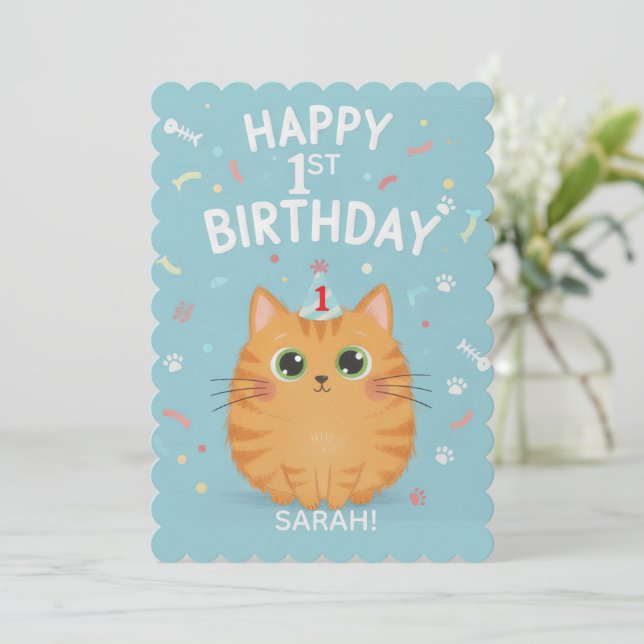 Cute Orange Tabby Cat 1st Birthday | Customizable  Invitation (Standing Front)