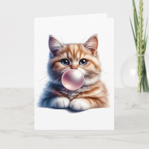 Cute Orange Tabby Cat Blowing Bubble Gum Blank Card