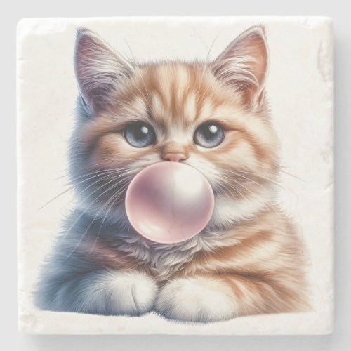 Cute Orange Tabby Cat Blowing Bubble Gum Funny Stone Coaster