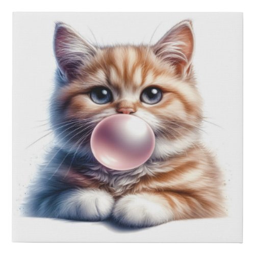 Cute Orange Tabby Cat Blowing Bubble Gum Nursery Faux Canvas Print