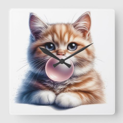 Cute Orange Tabby Cat Blowing Bubble Gum Nursery Square Wall Clock