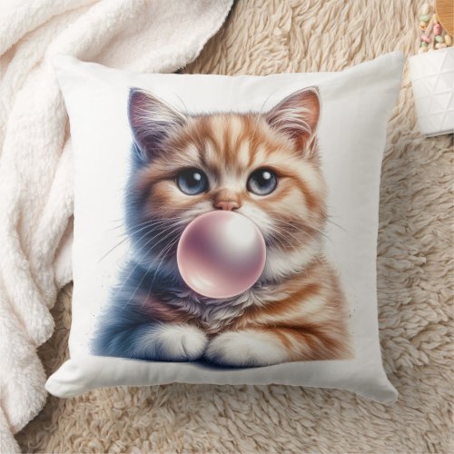 Cute Orange Tabby Cat Blowing Bubble Gum Nursery Throw Pillow