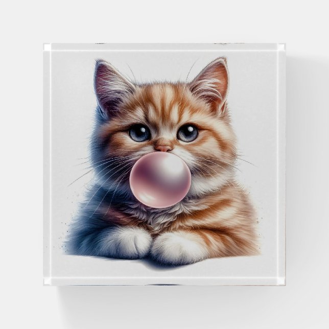 Cute Orange Tabby Cat Blowing Bubble Gum  Paperweight (Front)