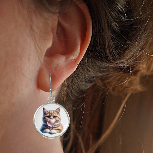 Cute Orange Tabby Cat Blowing Bubble Gum Silver Earrings (Creator Uploaded)
