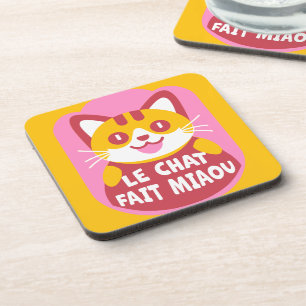 Cute Orange Tabby Cat Cartoon Says Meow in French Beverage Coaster