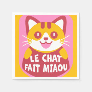 Cute Orange Tabby Cat Cartoon Says Meow in French Napkins