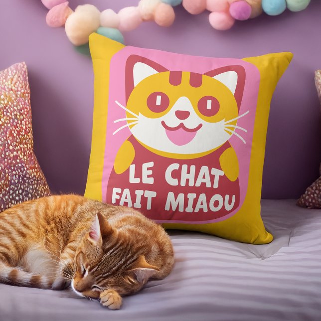 Cute Orange Tabby Cat Cartoon Says Meow in French Throw Pillow (Creator Uploaded)