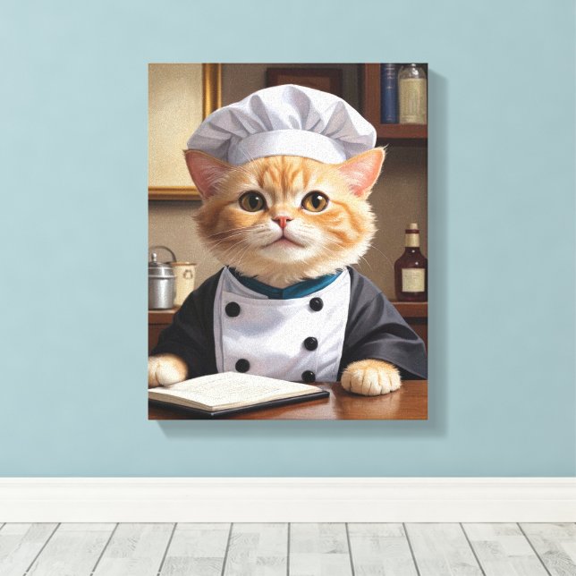 Cute Orange Tabby Cat Chef Cooking Illustration  Canvas Print (Insitu(Wood Floor))