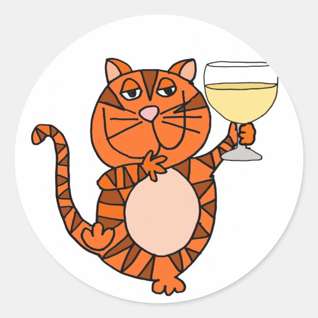 Cute Orange Tabby Cat Drinking Wine Cartoon Classic Round Sticker (Front)