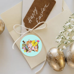 Cute Orange Tabby Cat Easter Basket Eggs Classic Round Sticker