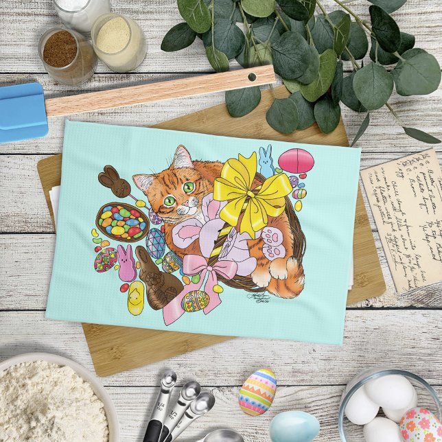 Cute Orange Tabby Cat  Easter Basket Eggs Kitchen Towel (Creator Uploaded)
