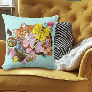 Cute Orange Tabby Cat  Easter Basket Eggs Throw Pillow