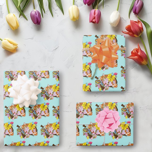 Cute Orange Tabby Cat  Easter Basket Eggs Wrapping Paper Sheets (Creator Uploaded)