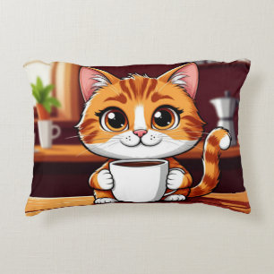Cute Orange Tabby Cat Illustration with cup Accent Pillow