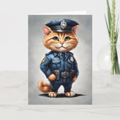 Cute Orange Tabby Cat in Police Uniform Watercolor Card