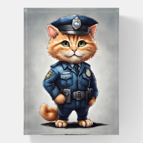 Cute Orange Tabby Cat in Police Uniform Watercolor Paperweight
