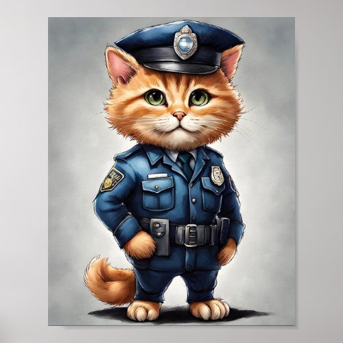 Cute Orange Tabby Cat in Police Uniform Watercolor Poster