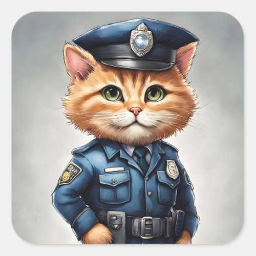 Cute Orange Tabby Cat in Police Uniform Watercolor Square Sticker