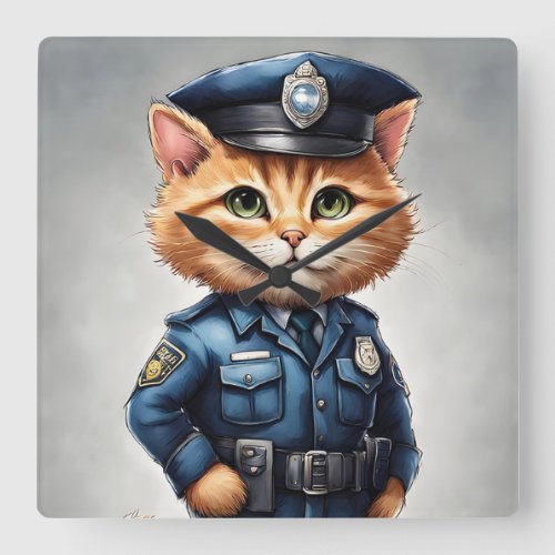 Cute Orange Tabby Cat in Police Uniform Watercolor Square Wall Clock