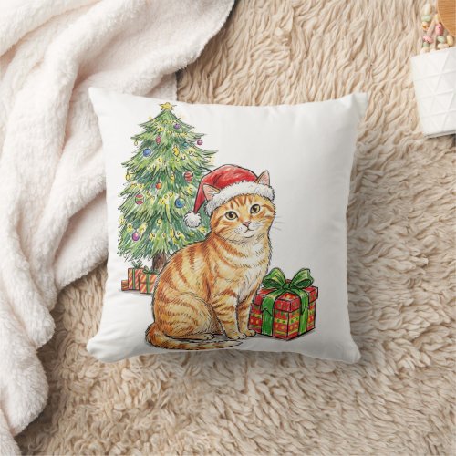 Cute Orange Tabby Cat in Santa Hat Christmas Holid Throw Pillow