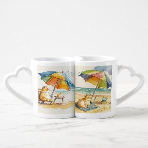 CUTE ORANGE TABBY CAT ON THE BEACH WITH UMBRELLA COFFEE MUG SET