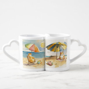 CUTE ORANGE TABBY CAT ON THE BEACH WITH UMBRELLA COFFEE MUG SET