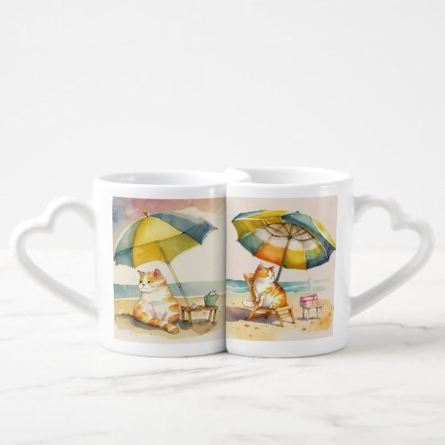 CUTE ORANGE TABBY CAT ON THE BEACH WITH UMBRELLA COFFEE MUG SET