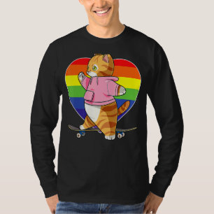 Cute Orange Tabby Cat Skateboarder Rainbow Heart S T-Shirt
