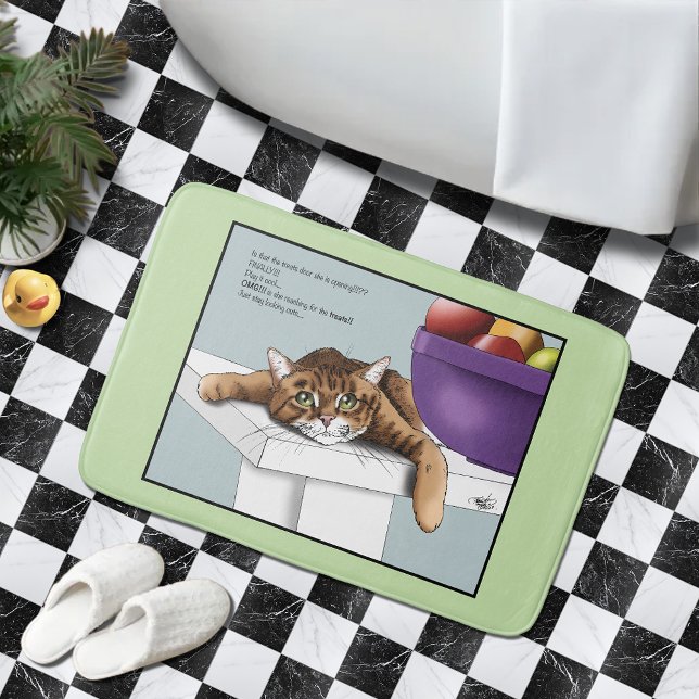 Cute Orange Tabby Cat Treats Funny Waiting Bath Mat (Creator Uploaded)
