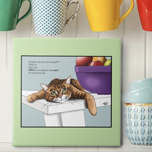 Cute Orange Tabby Cat Treats Funny Waiting Ceramic Tile (Creator Uploaded)