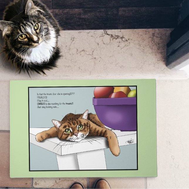 Cute Orange Tabby Cat Treats Funny Waiting Doormat (Creator Uploaded)