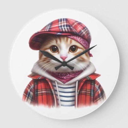 Cute Orange Tabby Cat Wearing a Hoodie Jacket Hat Large Clock
