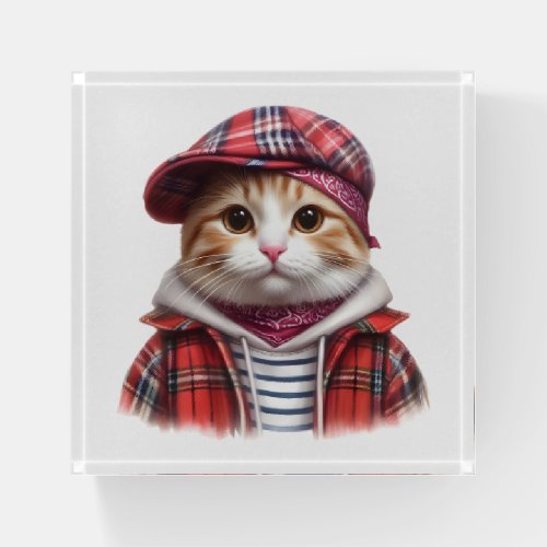 Cute Orange Tabby Cat Wearing a Hoodie Jacket Hat Paperweight