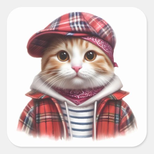 Cute Orange Tabby Cat Wearing a Hoodie Jacket Hat Square Sticker