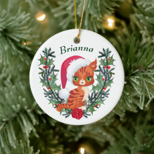Cute Orange Tabby Kitten Christmas Wreath Ceramic Ornament