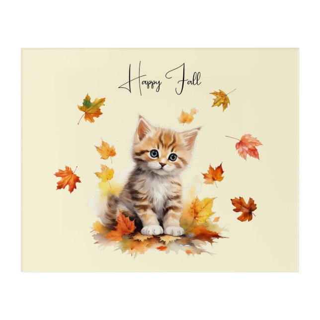 Cute Orange Tabby Kitten in Fall Leaves Acrylic Print (Front)