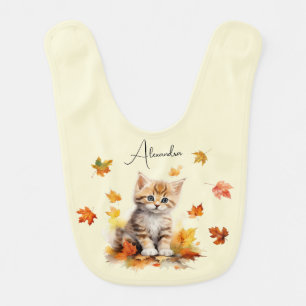 Cute Orange Tabby Kitten in Fall Leaves Baby Bib