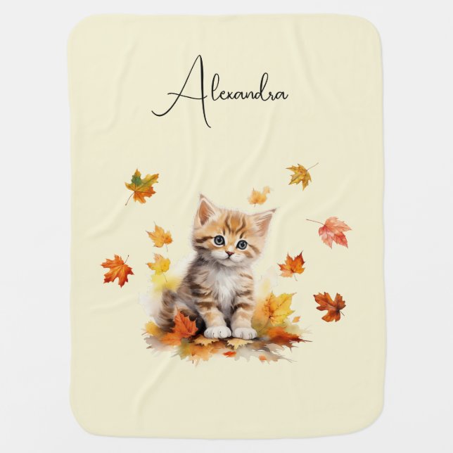 Cute Orange Tabby Kitten in Fall Leaves Baby Blanket (Front)