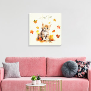 Cute Orange Tabby Kitten in Fall Leaves Canvas Print