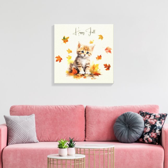 Cute Orange Tabby Kitten in Fall Leaves Canvas Print (Insitu(LivingRoom))
