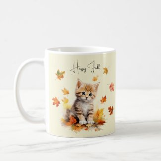 Cute Orange Tabby Kitten in Fall Leaves