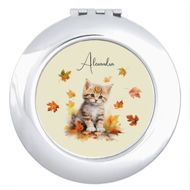 Cute Orange Tabby Kitten in Fall Leaves Compact Mirror (Front)