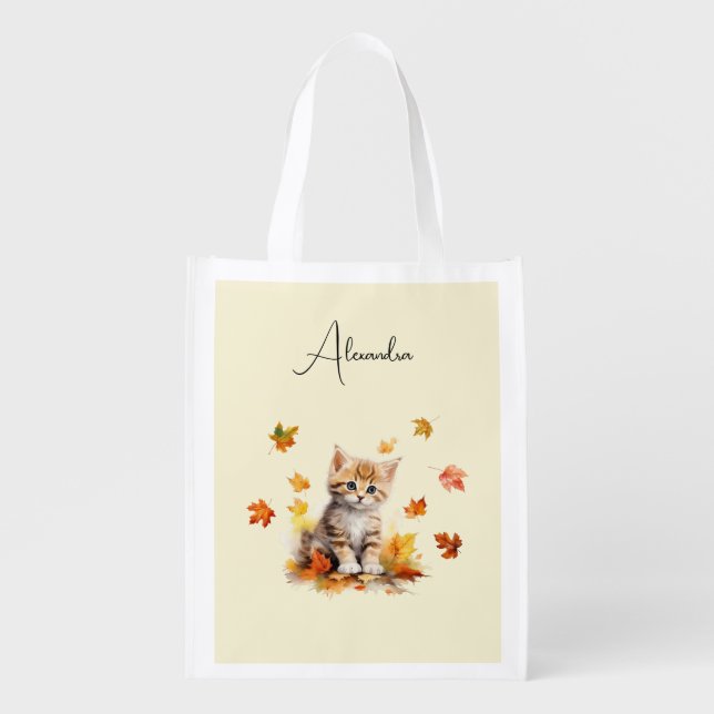 Cute Orange Tabby Kitten in Fall Leaves Grocery Bag (Front)