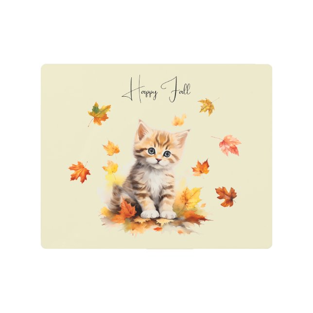 Cute Orange Tabby Kitten in Fall Leaves Metal Print (Front)